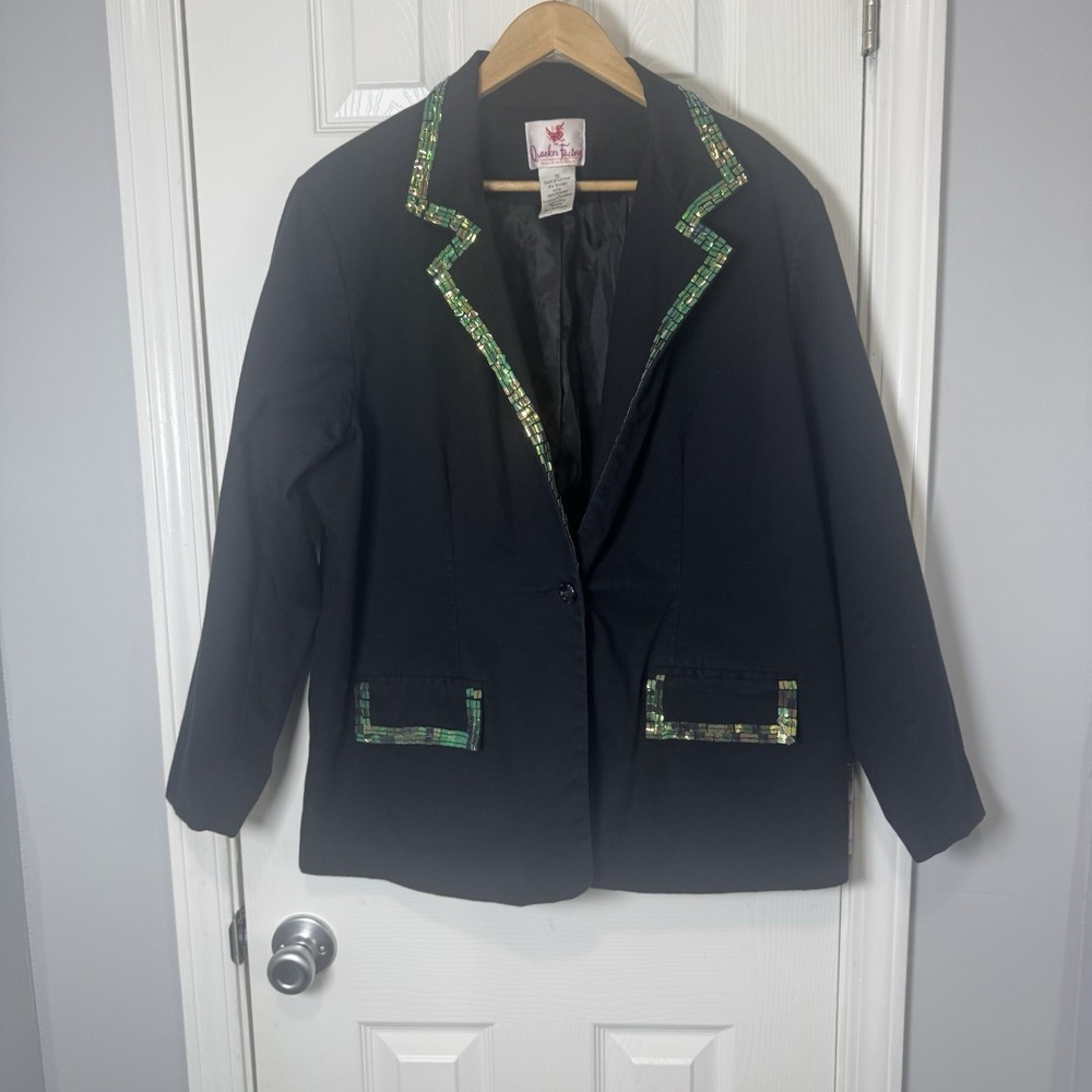 Quacker Factory‎ Blazer Jacket Plus Size 1X Black Sequin Trim One Button